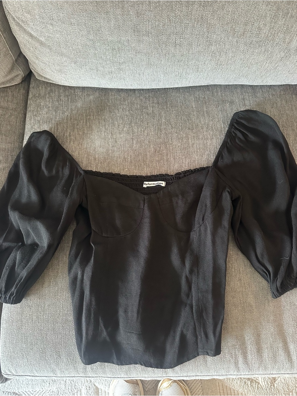 Reformation Black Puff Sleeve Square Neck Blouse
